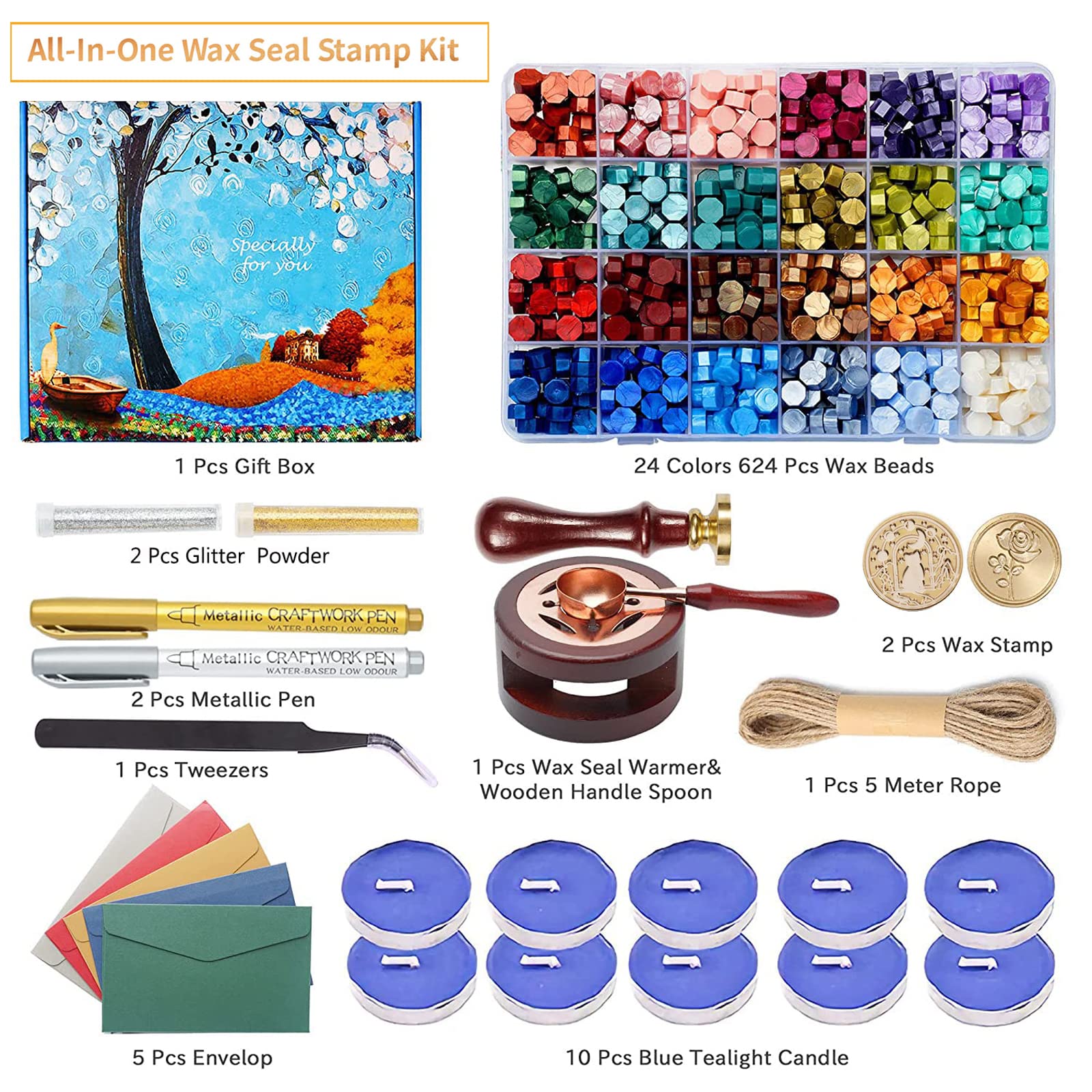 Comealltime Wax Seal Kit with Gift Box, 624 Pcs 24 Colors Sealing Beads, 2 Pcs Stamps, Sealing Wax Warmer, Metallic Pen, Envelope, Candles for Wedding Birthday Gift and DIY Craft, Sellado de Cera