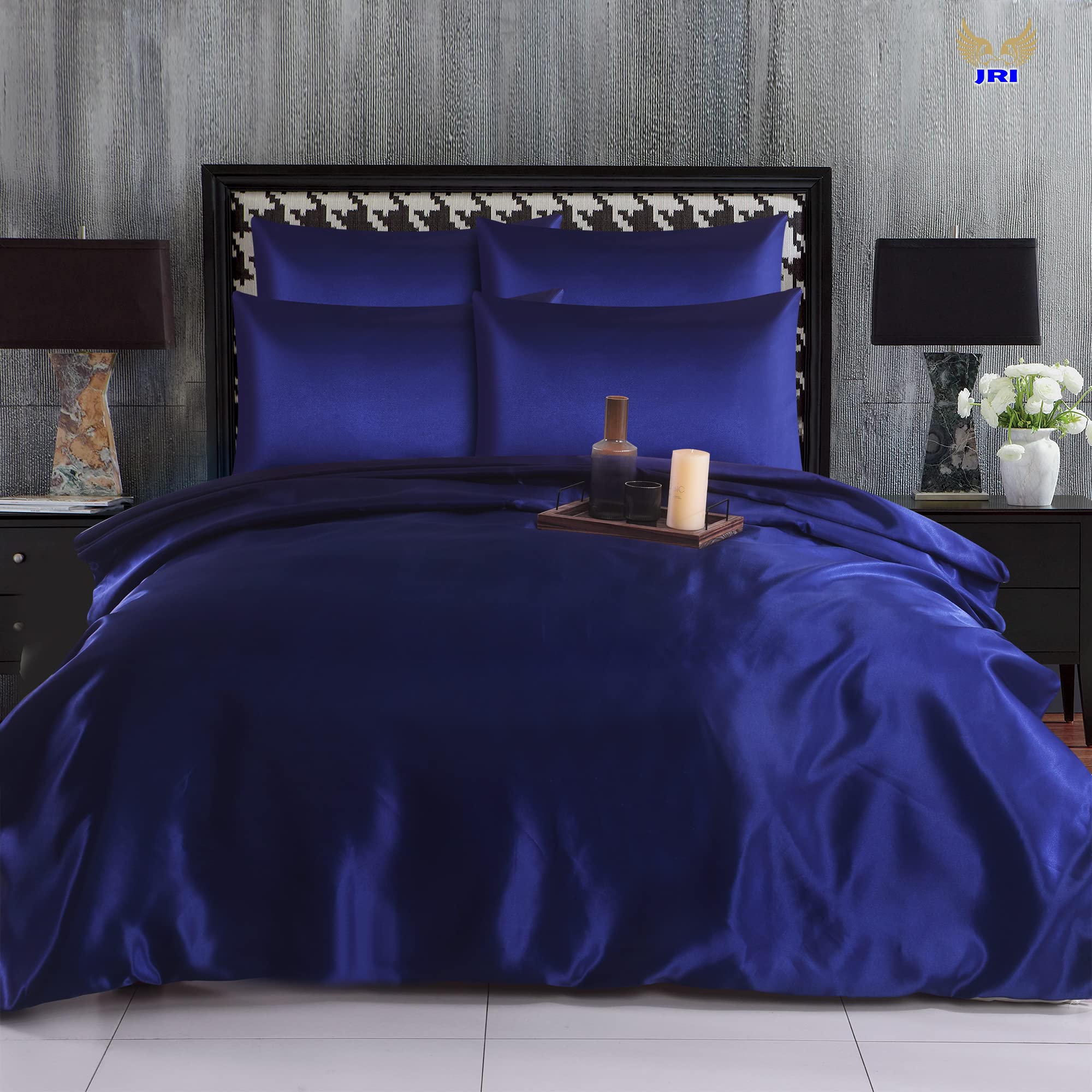 6PCS Satin Duvet Cover Bedding Set Plain Luxury Soft Bed Set Include (1xDuvet Cover, 1xFitted Sheet, 4xHousewife Pillow Case) (King, Navy Blue)-(Same Day Dispatch)
