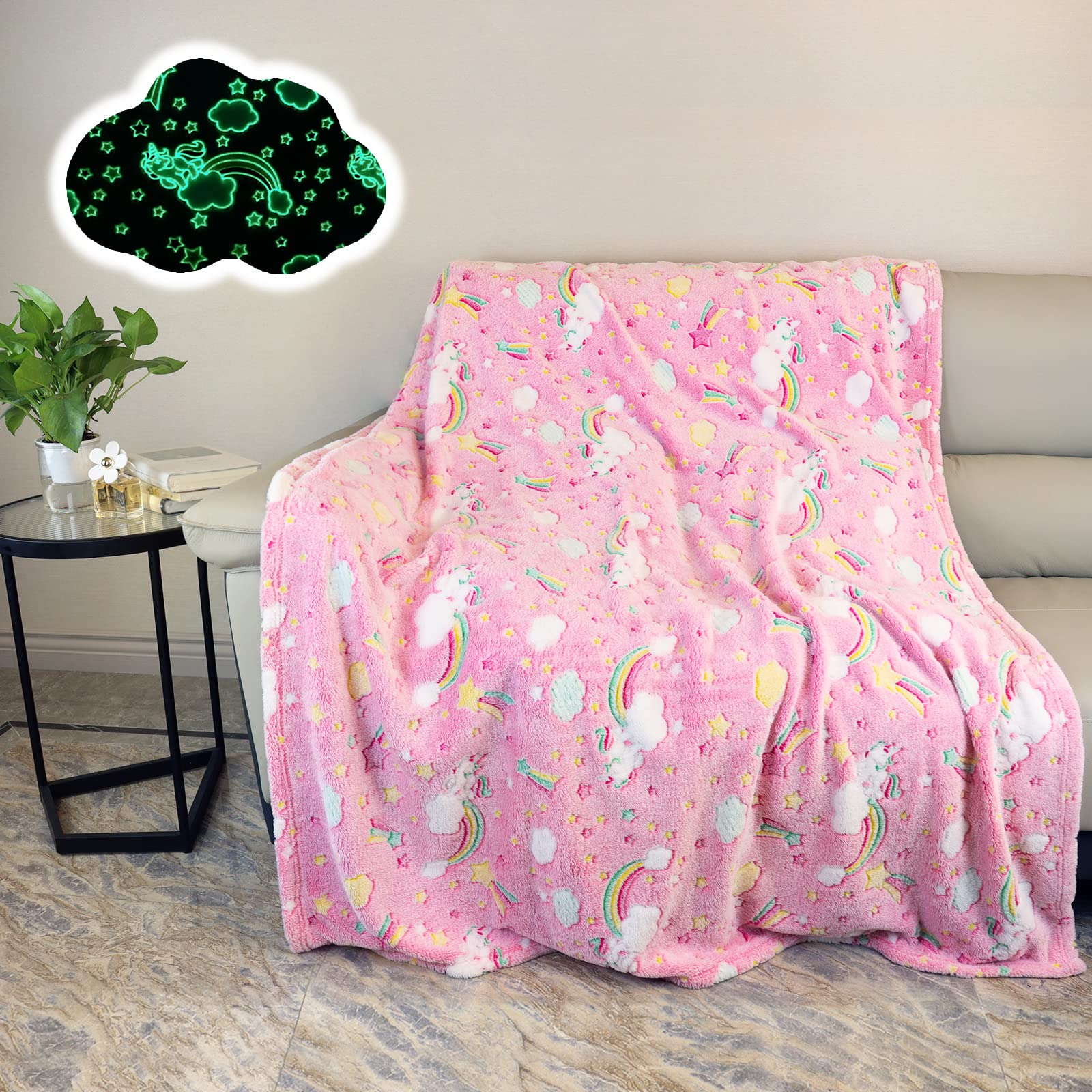AVJWWD Glow in The Dark Throw Blanket, Unicorn Flannel Fleece Throw Blanket,All Season Blanket Couch Sofa Nap Blanket for Kids Girls Boys Adults Gifts (Unicorn B, 150 x 200 cm)