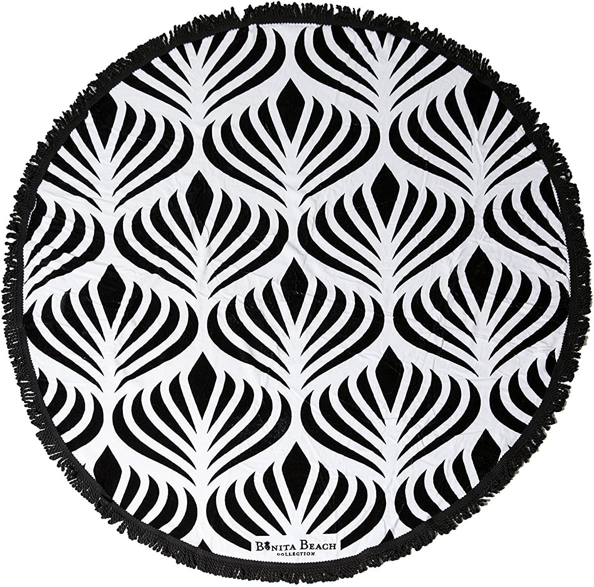 Bonita Beach Collection Round 'Roundie' Beach Towel Thick Terry Cotton with Fringe Tassels - Various Designs & Colors (The Congo Peacock (Black & White))