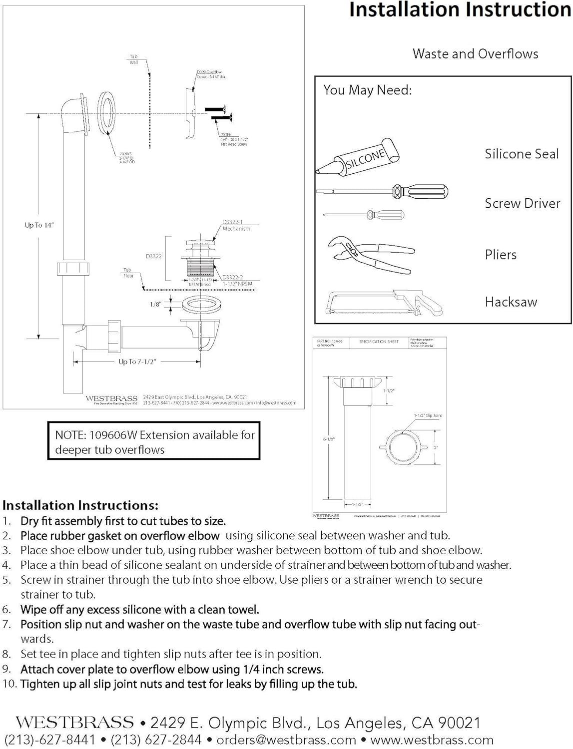 Westbrass 593244-62 White 1-1/2" Tubular Tip Toe Bath Waste Drain Kit, Matte Black - Walk In Bathtubs - 