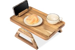 VICTORY RELAX Acacia Wood Arm Table (15.35" D x 9.8" W x 5.7" H), Couch Arm Tray for TV Dinners, Remote, Foldable Armrest Organizer, Rectangular Sofa Armrest Tray - Light Natural