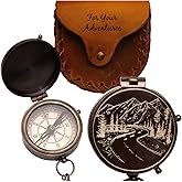 Engraved Compass Gift for Men – Vintage Brass Pocket Compass for Hiking, Adventure, and Travel – Antique Finish with Leather Case – Moon & Stars, or Road Design – Gift for Dad, Husband, or Son