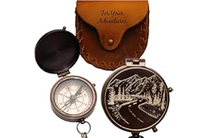 SFDIZAYN Engraved Compass Gift for Men – Vintage Brass Pocket Compass for Hiking, Adventure, and Travel – Antique Finish with Leather Case – Moon & Stars, or Road Design – Gift for Dad, Husband, or Son