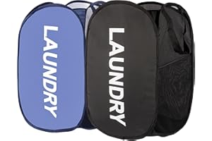 BENJUN 2 Pack Mesh Laundry hamper,collapsible Laundry basket,Easy to Open and Fold for room storage,and Side Pockets Carry Handles for Kids Room,College Students Dorm or Travel (Black+Navy blue)