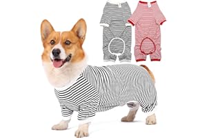 LEVIBASIC Dog Pajamas Cotton Striped Pup Jumpsuit, Breathable 4 Legs Basic Pjs Shirts for Puppy and Cat, Super Soft Stretchable Dog Jammies Boys Girls (Medium, White Red+Black)