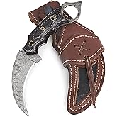 BIGCAT ROAR Desert Fox - Handmade Damascus Steel Karambit Knife 7.5" - Curved Fixed Blade Full Tang - Black Wood Handle & Leather Sheath - EDC Outdoor, Camp, Survival Knife - Collector Gifts for Men