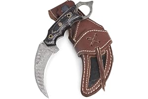BIGCAT ROAR Desert Fox - Handmade Damascus Steel Karambit Knife 7.5" - Curved Fixed Blade Full Tang - Black Wood Handle & Lea