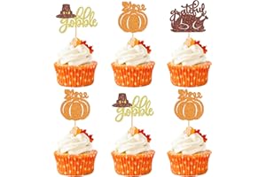 Cyodoos 24PCS Shiny Thanksgiving Cupcake Toppers, Autumn Theme Cupcake Toppers Türkiye Food Selection Decoration Maple Leaf turkey pumpkinThanksgiving Cake Party Decoration Selection