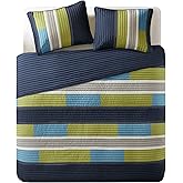 Comfort Spaces CS14-0861 2 Piece Quilt Coverlet Bedspread All Season Lightweight Hypoallergenic Pipeline Colorblock Kids Bedding Set, Twin/Twin XL, Pierre Navy/Blue Stripe