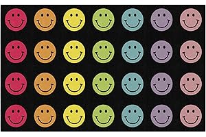 Flagship Carpets Schoolgirl Style Rainbow Smileys in Black Criss-Cross Applesauce Educational Area Rug for Kids Room, Children's Classroom for Teaching & Playroom, 7'6" x 12', Black & Multi, Seats 28