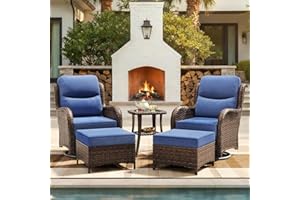HILLGA Luxury Patio Furniture Set with 6-inch Thick Cushion, Outdoor High Back Swivel Rocker Patio Chairs, 5PCS Wicker Conversation Set for Deck Yard and Poolside, Blue (V2)
