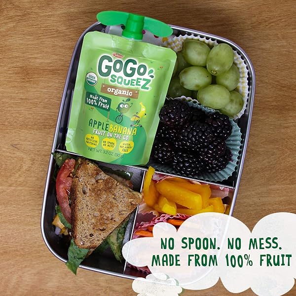 GOGO SQUEEZ ORGANIC APPLESAUCE, APPLE BANANA, 3.2 OUNCE (4 POUCHES), GLUTEN FREE, VEGAN FRIENDLY, UNSWEETENED APPLESAUCE, RECLOSEABLE, BPA FREE POUCHES