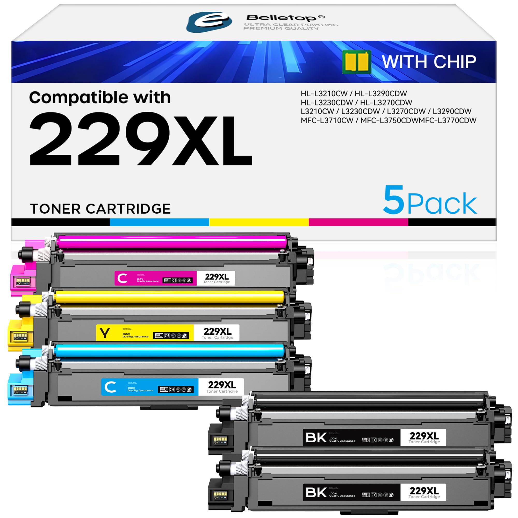 Photo 1 of belietop TN229XL Toner Cartridge 5 Pack (with Chip) High Yield Replacement for Brother TN229XL TN229 to Work for MFC-L3720CDW MFC-L3780CDW HL-L3220CDW HL-3280CDW HL-L3300CDW Printers(2 Black/C/M/Y)