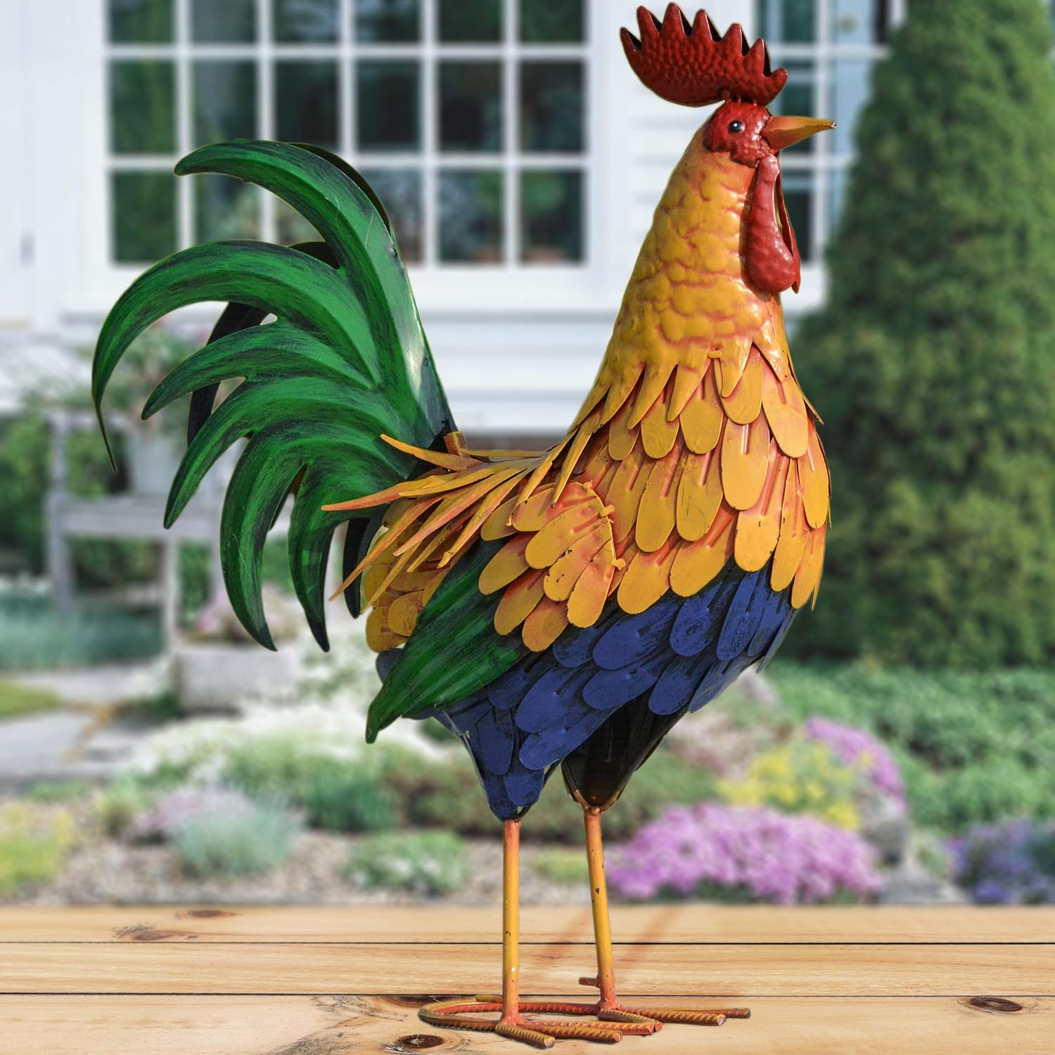 Metal Rooster Decor Yard Art For Garden, Decorative Statue For Indoors, Outdoors, Porch (15 X 16 X 6 In), Color: Orange