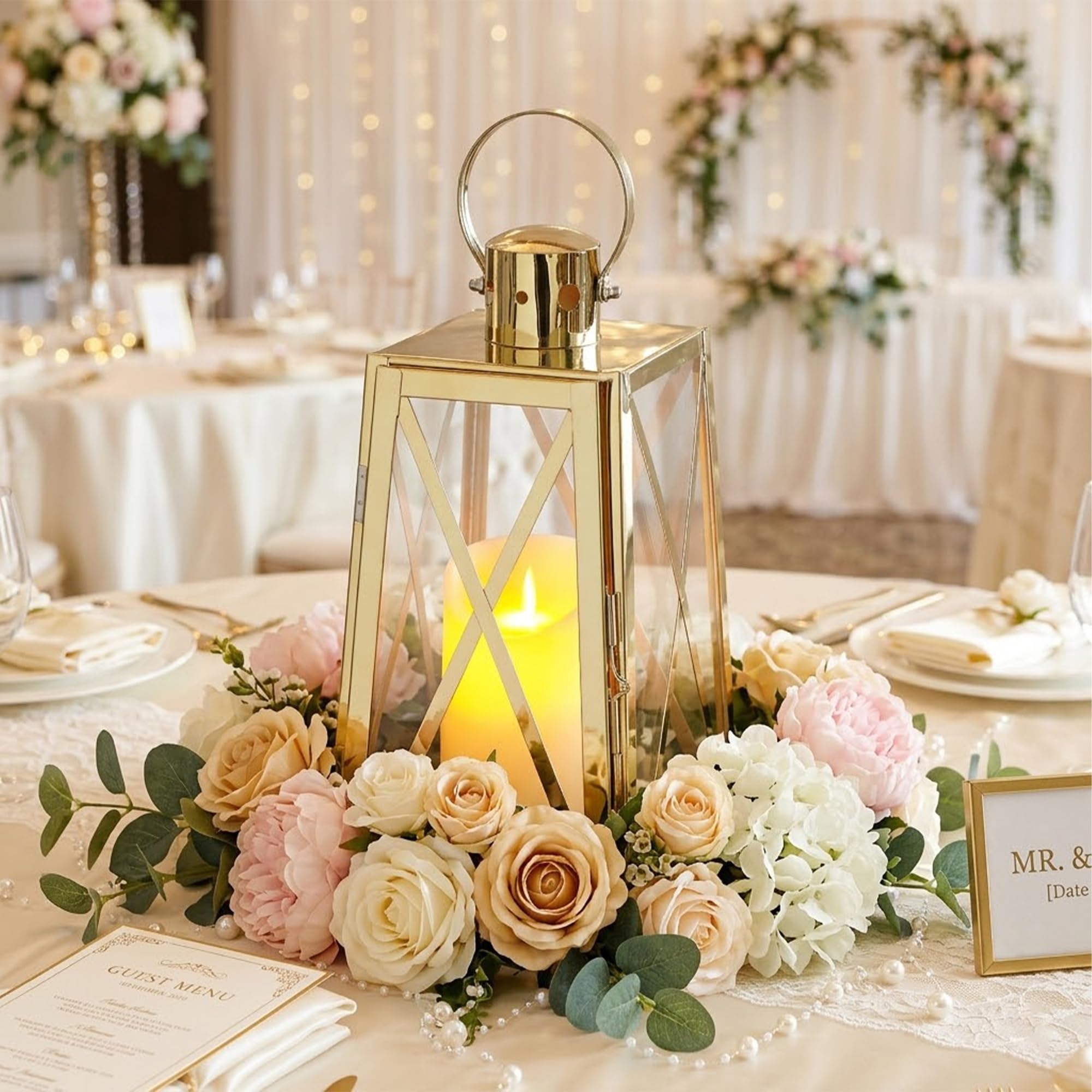 Photo 1 of TRIROCKS Stainless Steel Decorative Lantern 14''H Metal Outdoor Candle Holder Hanging Candle Lantern with Tempered Glass for Home Wedding Living Room Parties Indoor Outdoor(Gold Trapezoid)