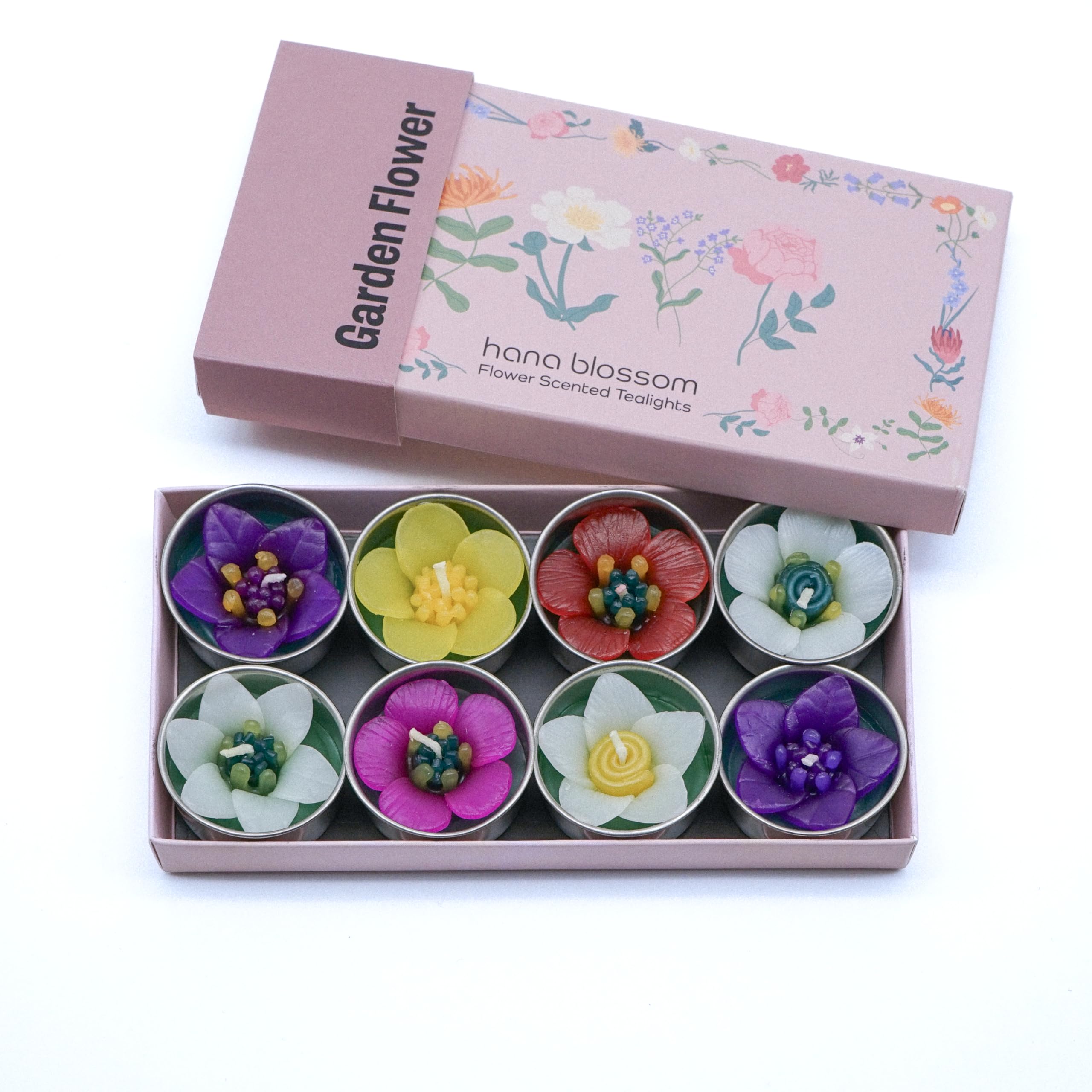 Assorted 8 Handmade Garden Flower Scented Tealights with Neroli Essential Oil in a Botanical Gift Box