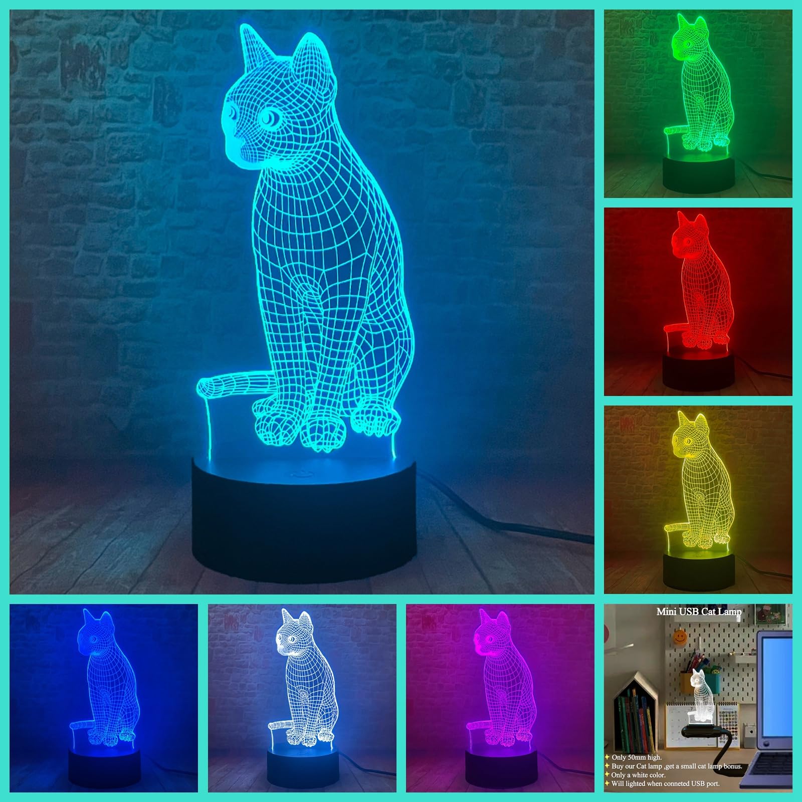 Fanrui Kawaii Cat Night Light, Cute 3D Kitten Figurines Illusion Light for Kids,16 Colors Change LED Desk Bedside Lamp,Remote Control RGB Table Lamp,Touch Lamps for Living Room,BedroomHome Office