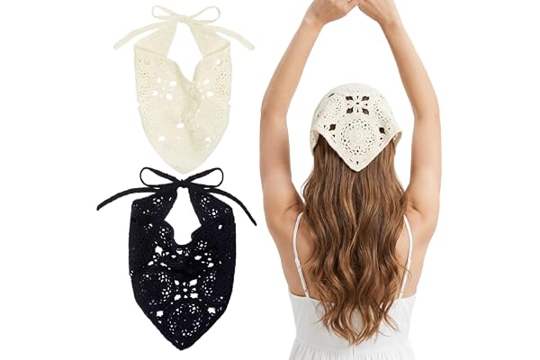 hoyuwak 2Pcs Crochet Bandanas Headbands Hair Accessories for Women Knitted Floral Hair Styling and Decor (White, Black)