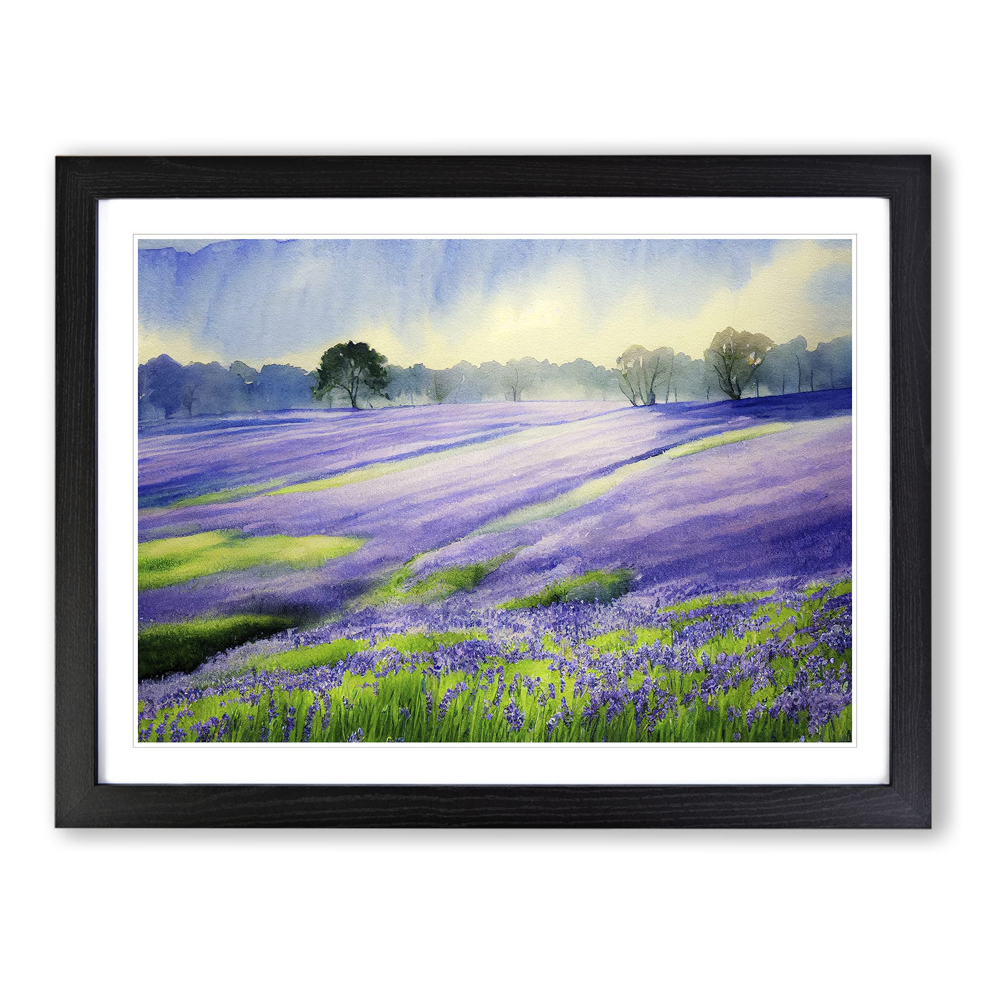 Bluebell Field In Watercolour Vol.4 Framed Print | A3 Black Framed Wall Art | Ready to Hang | Modern Historical Picture | Living Room Bedroom Lounge Office