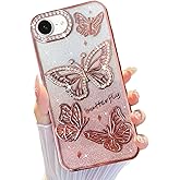 HAOTP for iPhone 16E Glitter Case,Cute 3D Rhinestone Butterfly Case Luxury Bling Sparkle Plating,Anti-Scratch Soft TPU Slim Fit Shockproof Protective Phone Cases for Women Girls Rose Gold