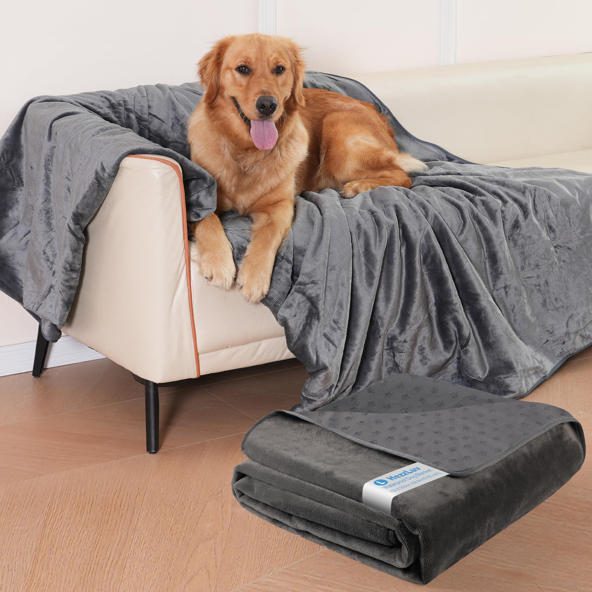 HezzLuv Waterproof Dog Blanket 152 x 203 cm, Washable Flannel Pet Blanket for Sofa Bed Cover, Anti-slip Warm Pet Throw, Fluffy & Soft, Leak-Proof, Furniture Protector for Small to Large Dogs and Cats