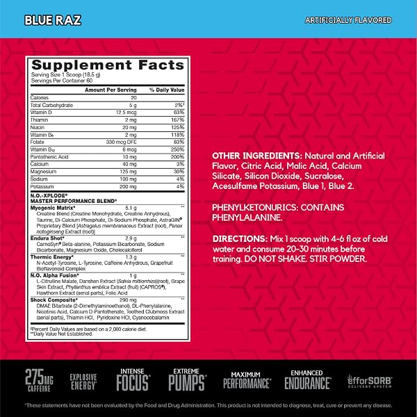 BSN N.O.-XPLODE PRE WORKOUT POWDER, ENERGY SUPPLEMENT FOR MEN AND WOMEN WITH CREATINE AND BETA-ALANINE, FLAVOR: BLUE RAZ, 60 SERVINGS