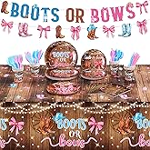 FoldTier 172 Pcs Boots or Bows Gender Reveal Party Decorations Include Gender Reveal Tableware Set, Boots or Bows Banner, Western Cowboy Party Tablecloths for Western Baby Shower Supplies Decoration