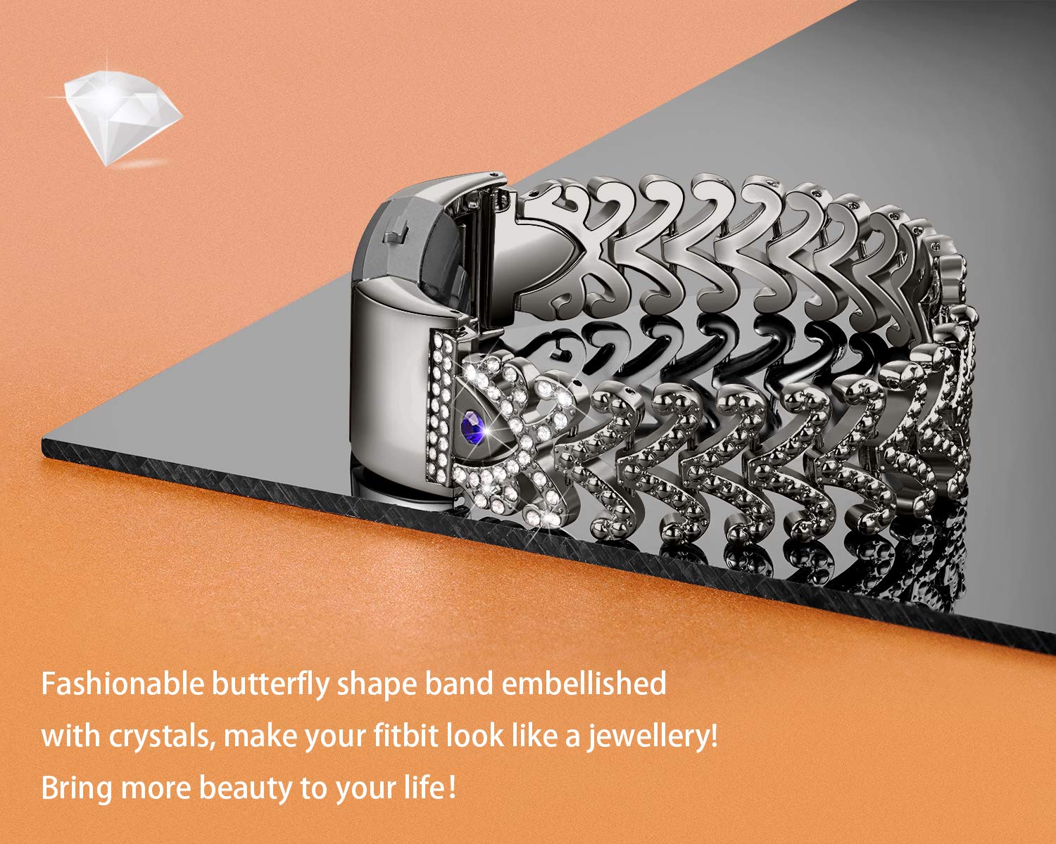 Kaleidoc Bands Compatible Fitbit Charge 2 - Metal Replacement Wristband with Premium Rhinestone Crystals, Adjustable Classy Bracelet Strap Compatible Fitbit Charge 2 Bands