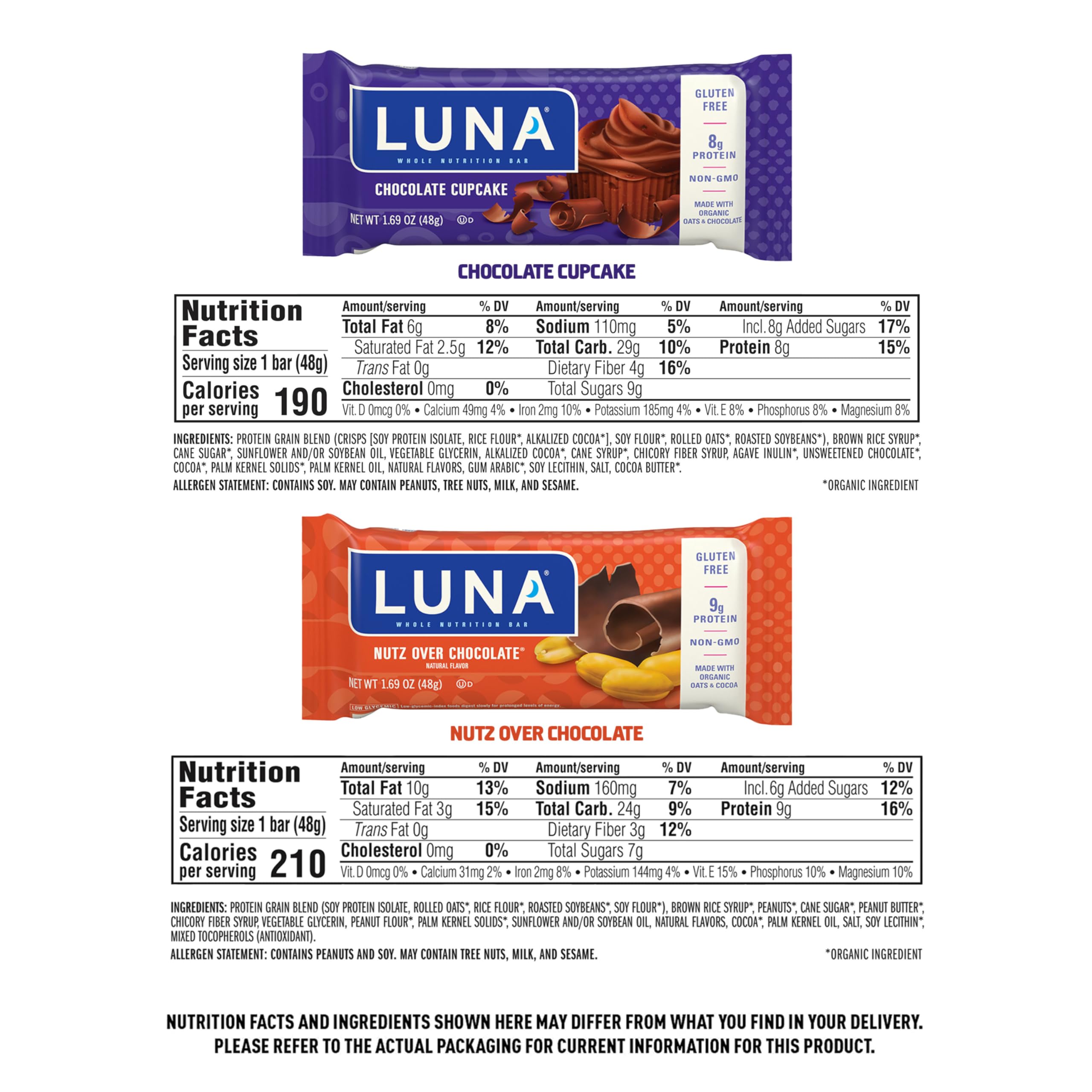 Luna Bar Variety Pack - Nutz Over Chocolate and Chocolate Cupcake Flavor - Snack Bars - Non-GMO - Gluten-Free Protein Bars - Made with Organic Oats (12 Pack, 2 Boxes)