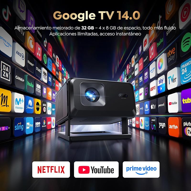 Proyector 4K【Google TV 14.0/Official Apps/Auto Focus/Keystone】 Proyector portatil Control por Voz 1080P FHD Nativo HDR10,WiFi 6 & Bluetooth 5.3 SmartProyector para Exterior/Cine en Casa/Techo/HDMI
