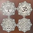 Sacred Lotus Flower Wall Art Set 4Pcs 12” Wood Om Wall Decor Mandala Hamsa Hand Wooden Art Tree of Life Yoga Decor Crystal Grid Meditation Chakra Wood Wall Hanging Decor Spiritual Gifts Zen Home Decor