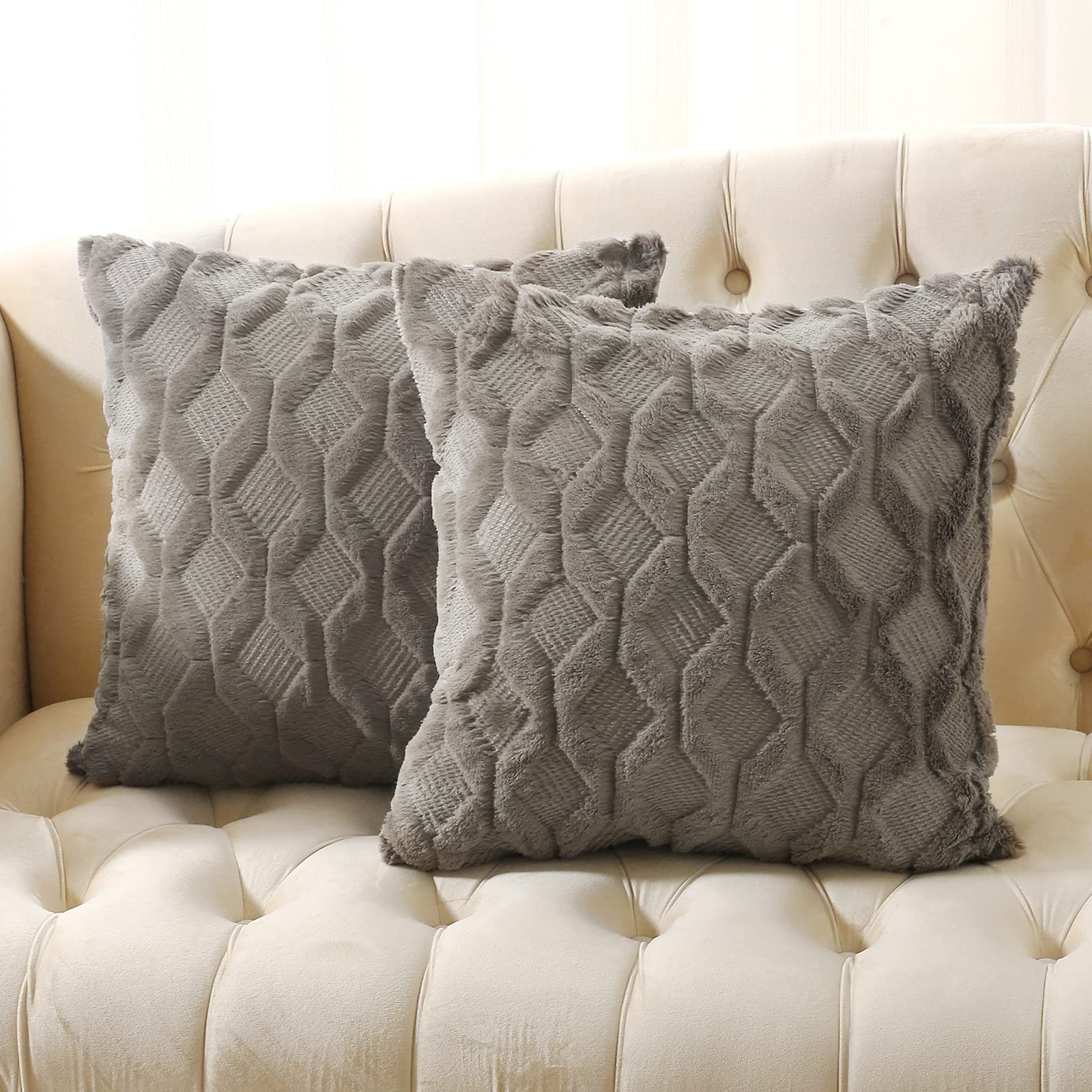 Volcanics Pack of 2 Faux Wool Throw Pillow Covers 18x18 Inches Decorative Farmhouse Velvet Couch Pillow Case Soft Plush Square Boho Cushion Pillowcase, Dark Grey — image 1