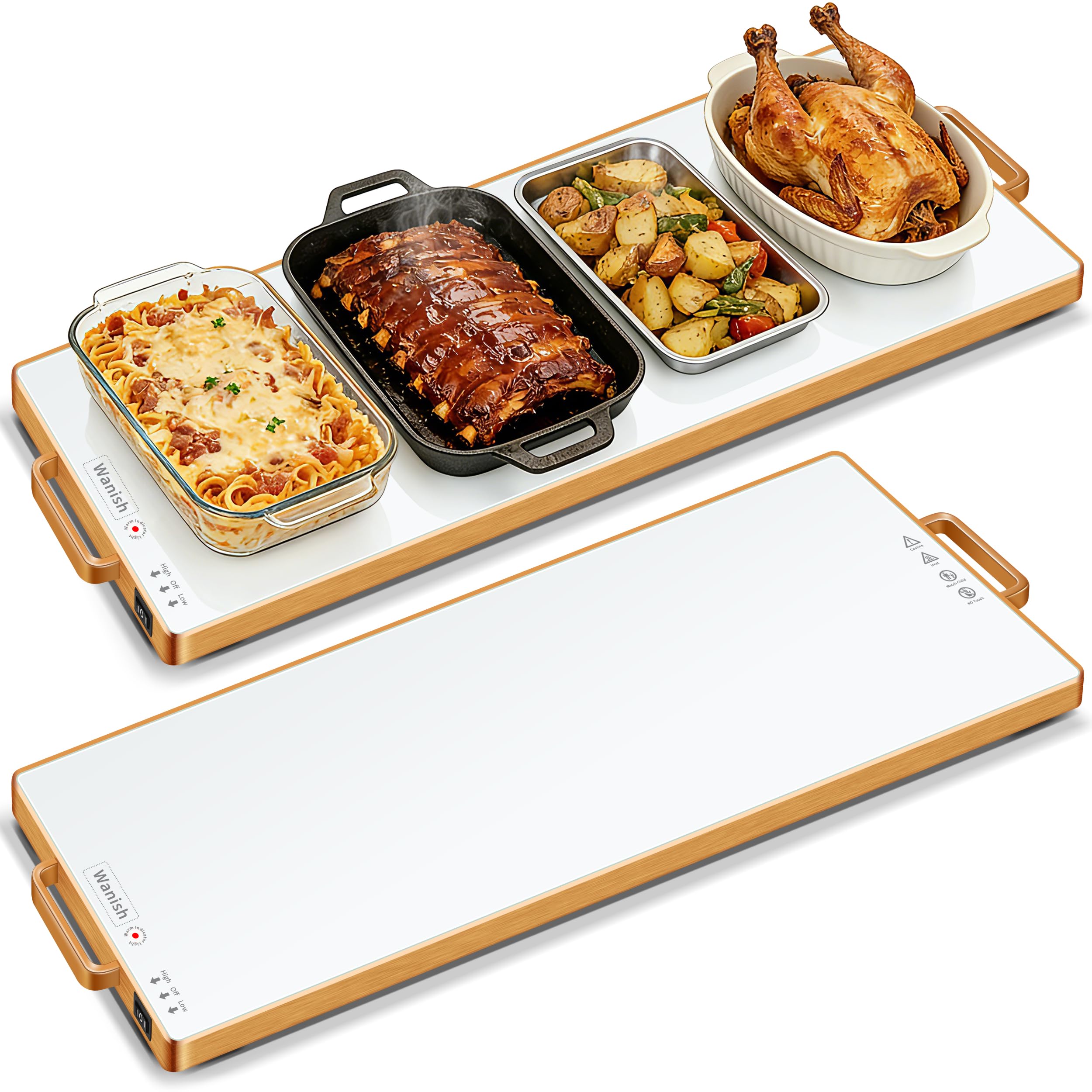 Electric Warming Tray (L 32”x12”)，Food Warmers for Parties Buffet with Thermostat&Full Surface Heating,Tempered Glass Warming Mat for Food, Temperature Adjustable Gold Handles Food Warming Mat,White Image