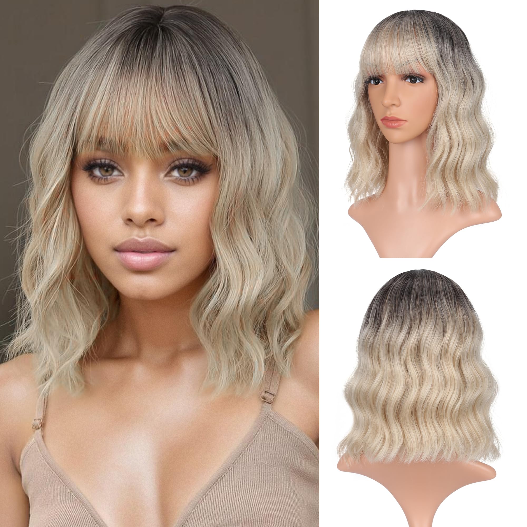 Photo 1 of VCKOVCKO Short Bob Wigs Black-gold gradient Wavy With Air Bangs Women's Shoulder Length Wigs Curly Wavy Synthetic Cosplay Wig Pastel Bob Wig for Girl (12", Black-gold gradient)