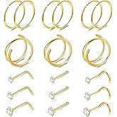 LOREMOW 22G 18Pcs G23 Titanium Nose Rings Hoops for Sensitive Skin Double Nose Rings L Shaped Nose Studs Hypoallergenic Nose Piercings Jewelry