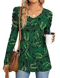CATHY Women's Long Puff Sleeve V-Neck Tunic Tops