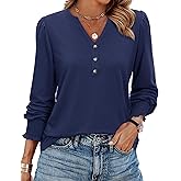 Uhiger Womens Tunic Tops Dressy Casual Long Sleeve Henley V Neck Shirts for Women Button Up Blouse