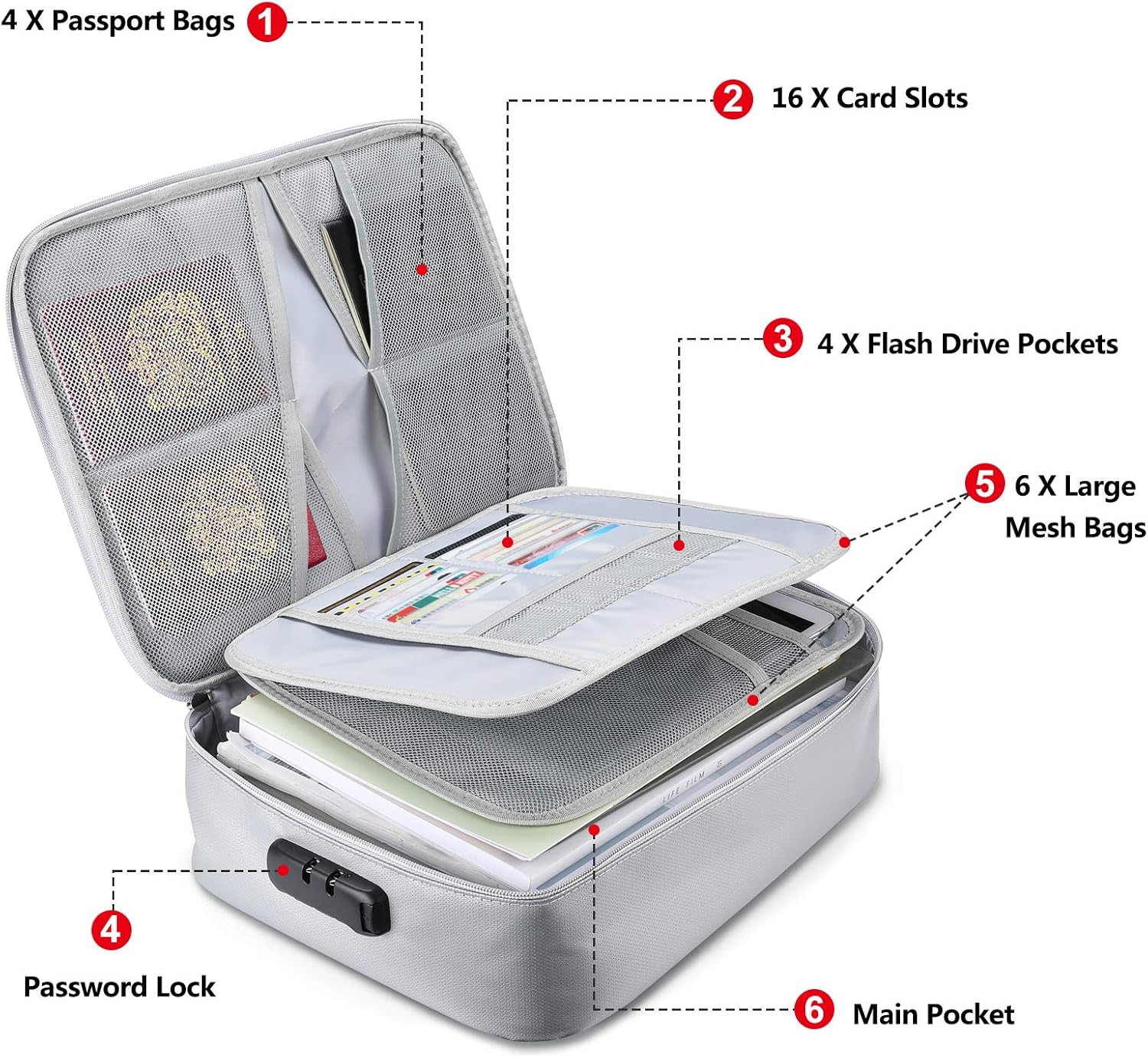 Fireproof Document Bags,15"x11"x4" IPX4 Waterproof File Organizer,Storage Pouch Firebag Safe Briefcase Style with Zipper for A4 Letter Size Document Holder,Passport,Cash,Tablet and Valuables (Silver): Office Products