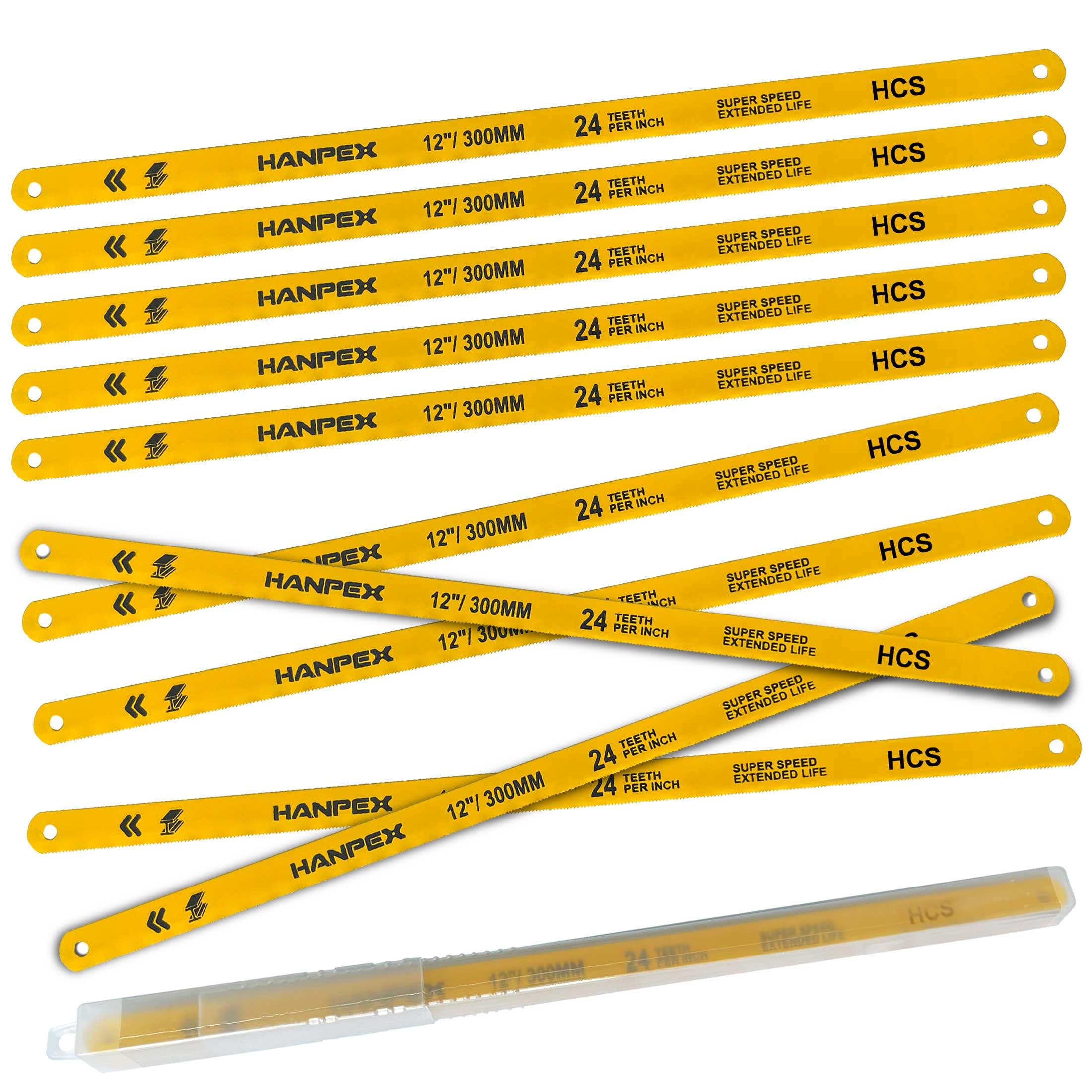 Hanpex 300mm Hacksaw Replacement Blades (10 Pack) High Speed 24 TPI - 12" Length Hack Saw Blade - High Carbon Steel (HCS) Cutting Blades
