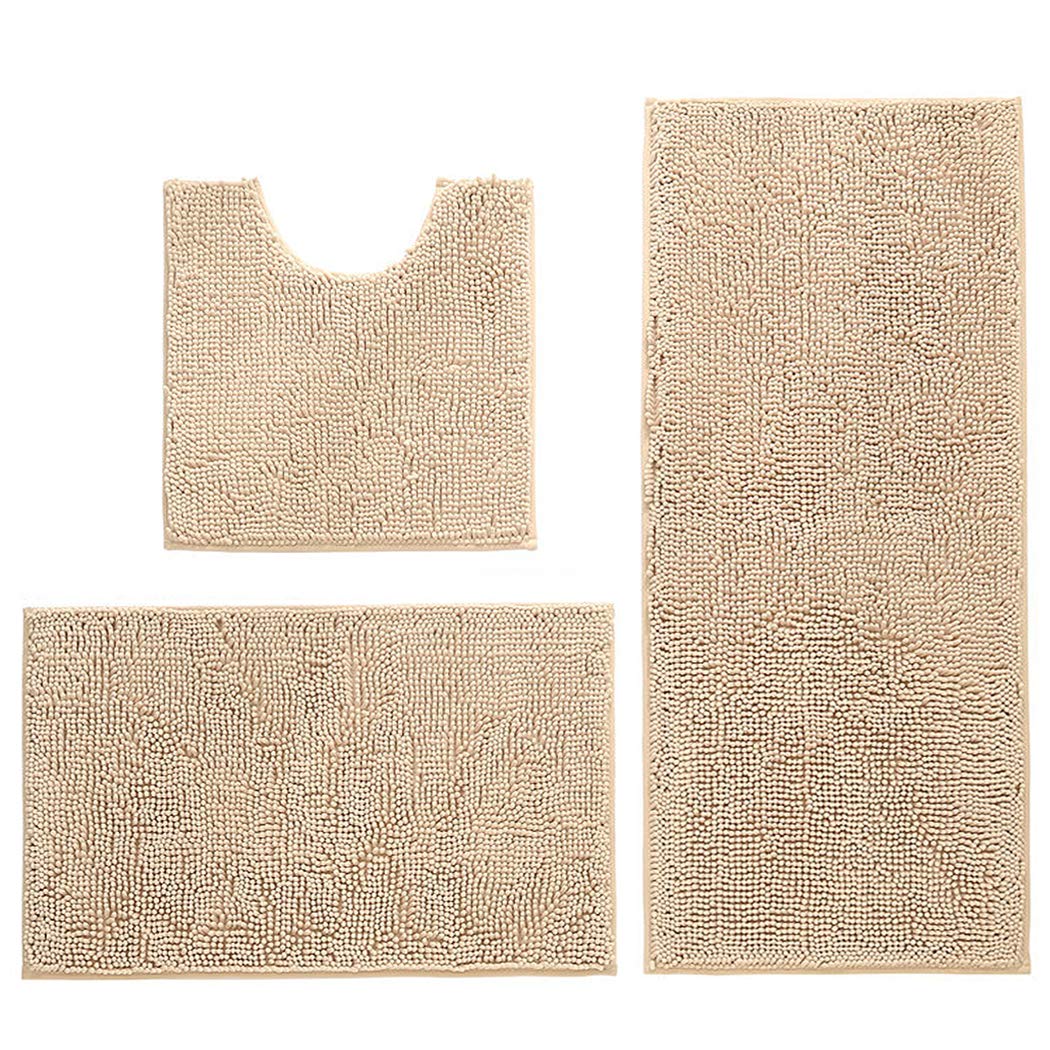 Hodeacc 3 Pcs Non Slip Chenille Bath Mat Set,High Water Absorbent Density Soft Microfiber Toilet Mat Toilet Pedestal Mat Machine Washable Bathroom Mats Carpet 50x50cm/40x60cm/50x80cm (Camel) — image 1