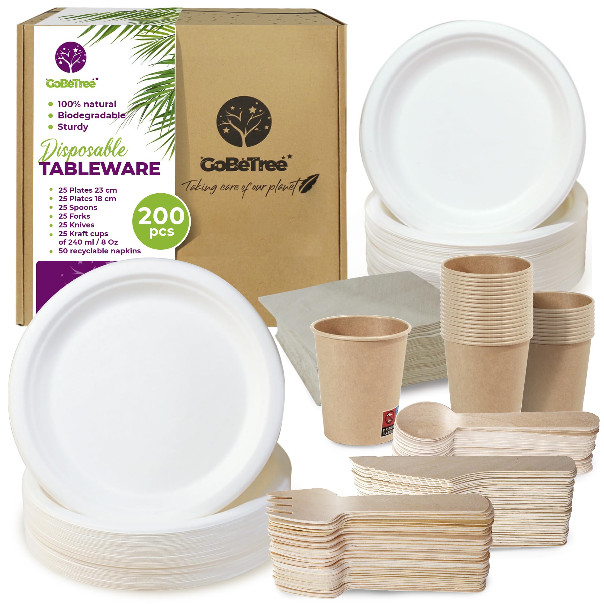 Disposable Tableware Set of 200 Pieces for 25 People. Ecological Sugarcane Tableware. Includes 50 Plates, 75 Wooden Cutlery, 25 Kraft Paper Cups, and 50 Napkins.