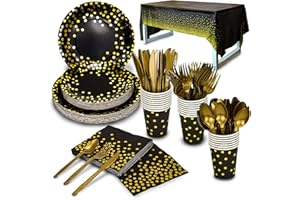 176 Pieces Gold Disposable Party Dinnerware Set &Golden Dot Disposable Birthday Party Dinnerware - Black Paper Plates Napkins