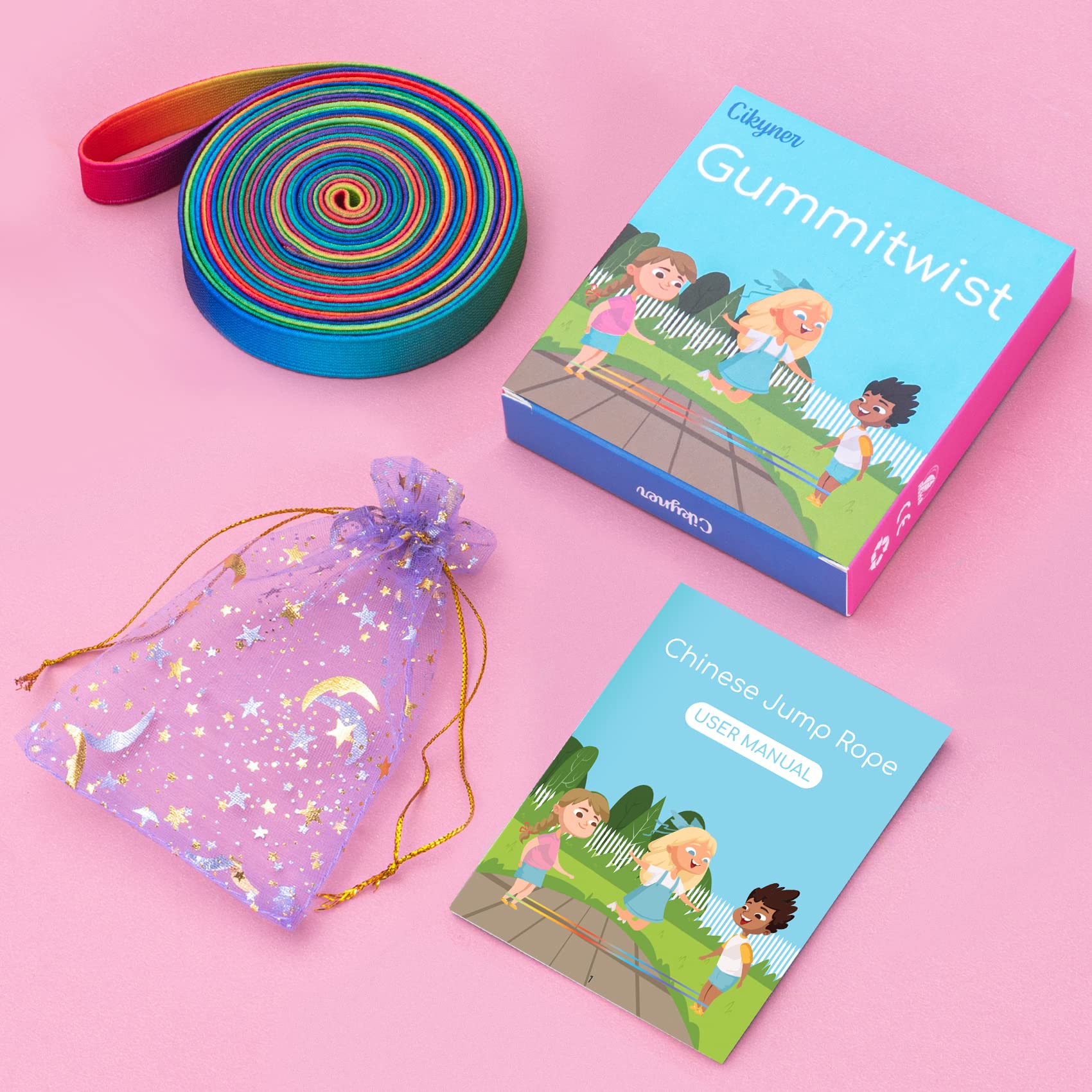 Cikyner Chinese Jump Rope, 4m Long 1.5cm Wide Elastic Chinese Ropes with Instructions French Skipping Rainbow Band for Indoor and Outdoor Children Jumpsies Games, Ideal for Gifts for Girls and Boys