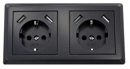 Schuko Doppelsteckdose mit je 2 x USB Ladebuchse (max. 2800mA) in schwarz, Eleganter Style, passt in 2-fache Unterputzdose