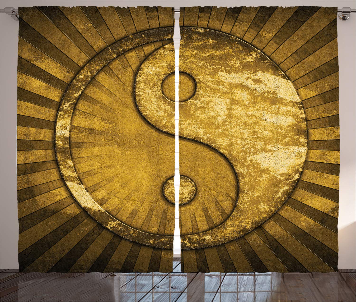 ABAKUHAUS Ying Yang Curtains, Industrial Eastern YingYang on top of Sunburst Technological Pattern, Living Room Bedroom Window Drapes 2 Panel Set, 280 x 245 cm, Light brown brown