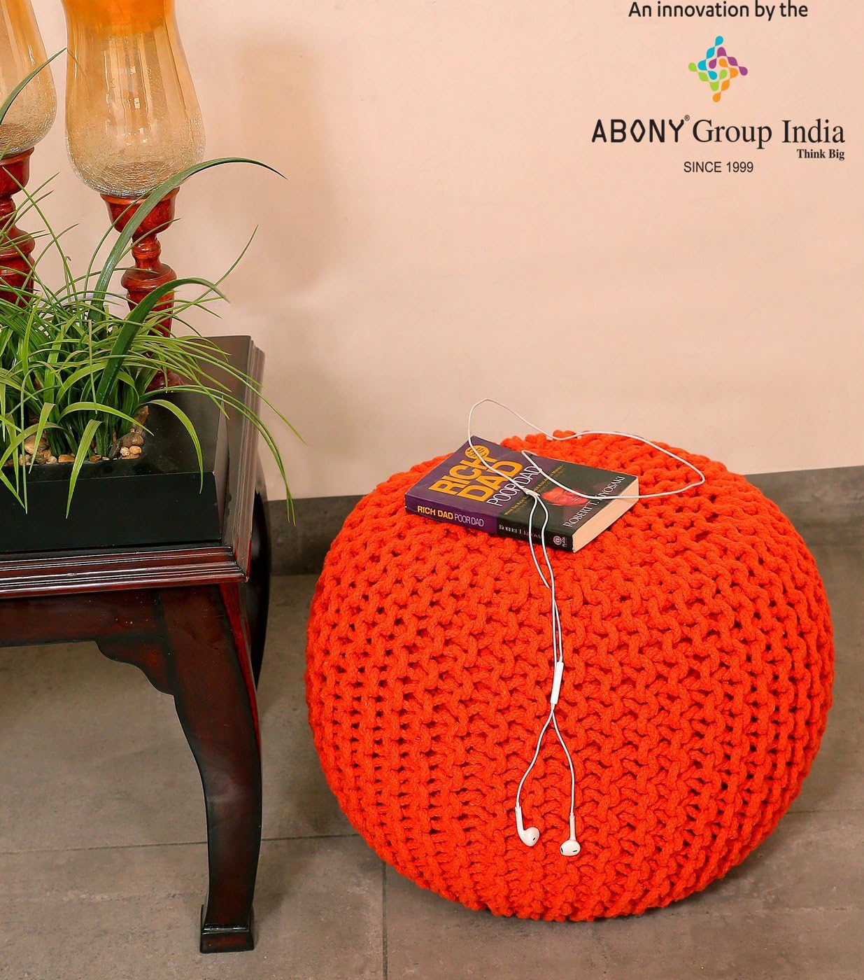 ABONY Cotton Hand Knitted Ottoman Pouf (Orange, 30 x 45 cm)