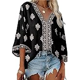 SHEWIN Womens Summer Tops Casual Floral Print Deep V Neck 3/4 Sleeve Blouses Dressy Boho Vacation Tunic Tops