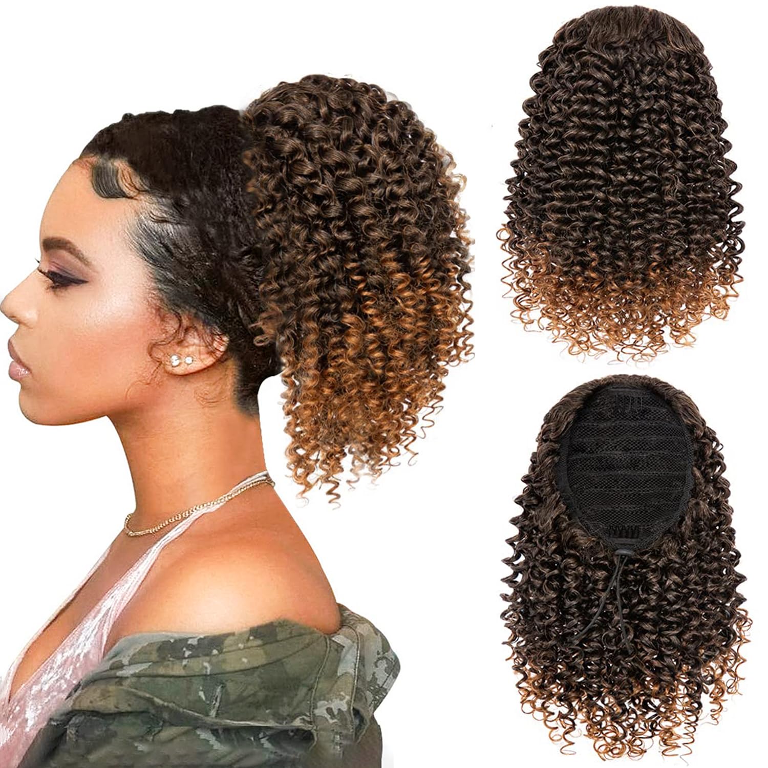 Afro Kinky Curly Ponytail for Women Drawstring Ponytail Synthetic Hair Extension Afro Drawstring Curly Pony tail with Clip in Hairpiece (T1B/30#, 12 inches) — image 1