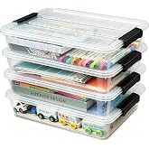 EOENVIVS 4 Pack Clear Storage Bins with Lids, Stackable A4 &amp; US Letter File Box Organizers, Craft Storage Bins and Sensory Bins for Classroom, Kids Art Supplies, Documents and Projects, Black Latches